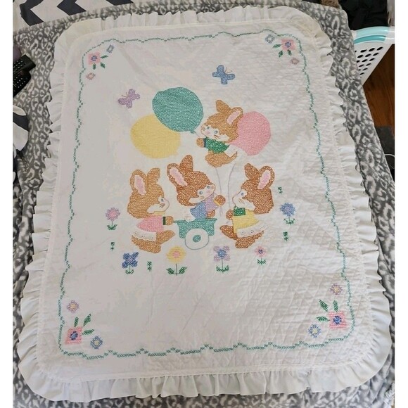 Handmade Baby Blanket Embroidered Cross Stitch Bunnies Ruffled Edge 42" X 33" - Picture 1 of 15